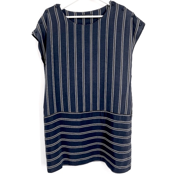 FRNCH Dress Striped Shift Dress Navy Cap Short Sleeves Size Medium - Picture 1 of 7